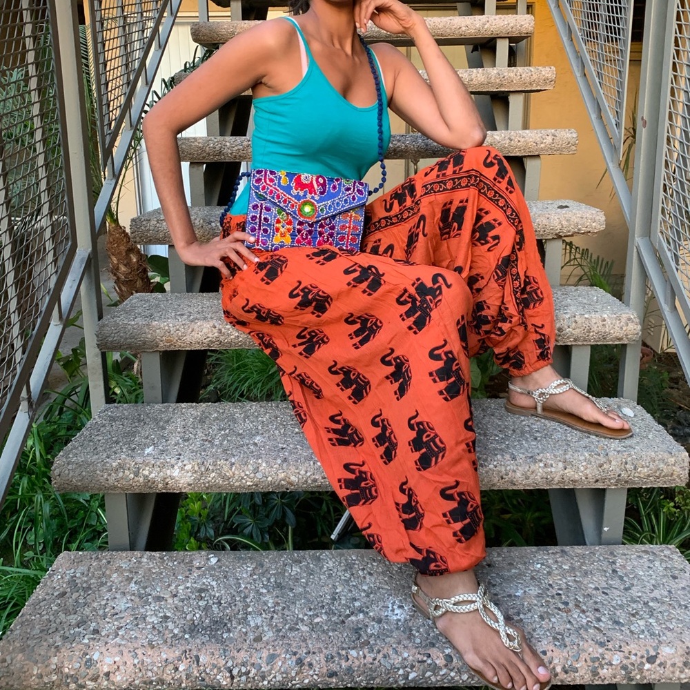 Handmade orange Indian harem pants with elephants!